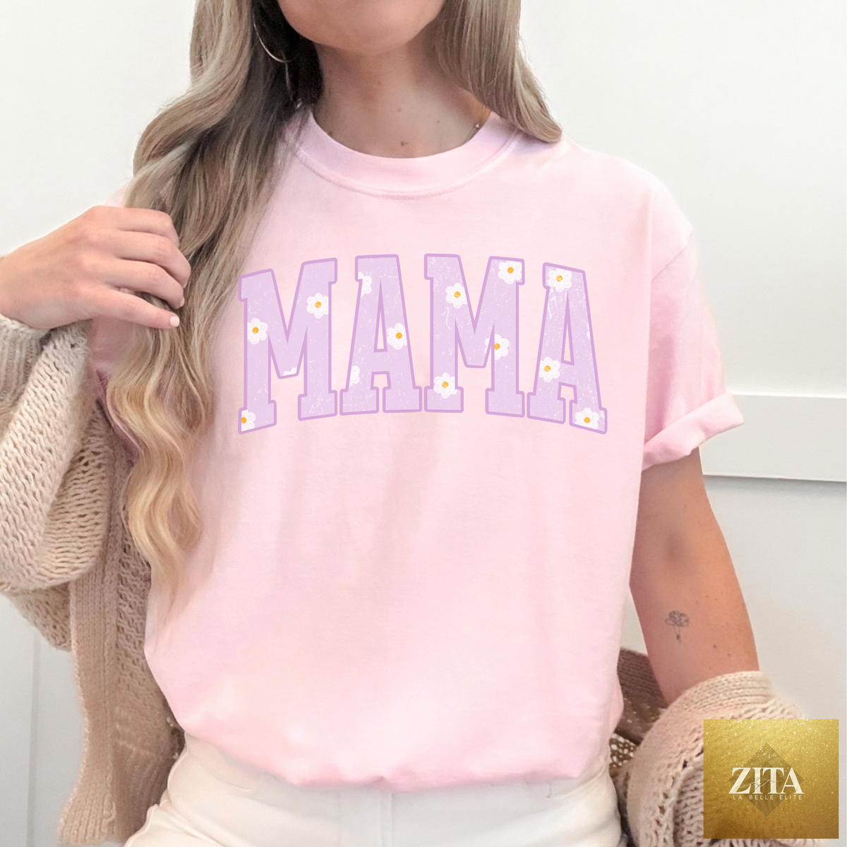 Hey Jude Graphic Tees MAMA Daisy graphic tee featuring a colorful daisy blossom design on a soft fabric shirt.