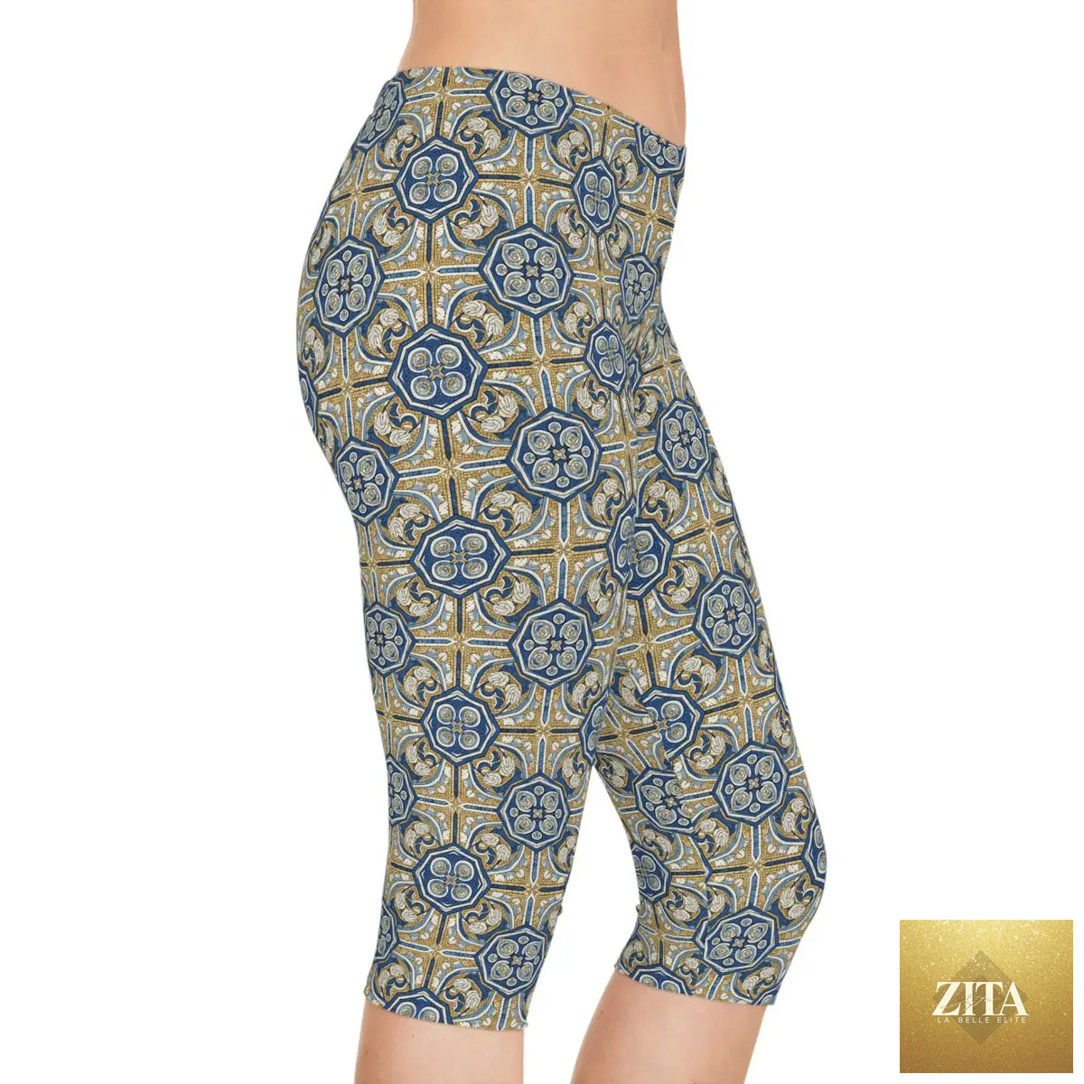 Blue and gold Moroccan tile Capri leggings by DipaliZ, patterned yoga activewear for women, featuring vibrant, intricate tile design.