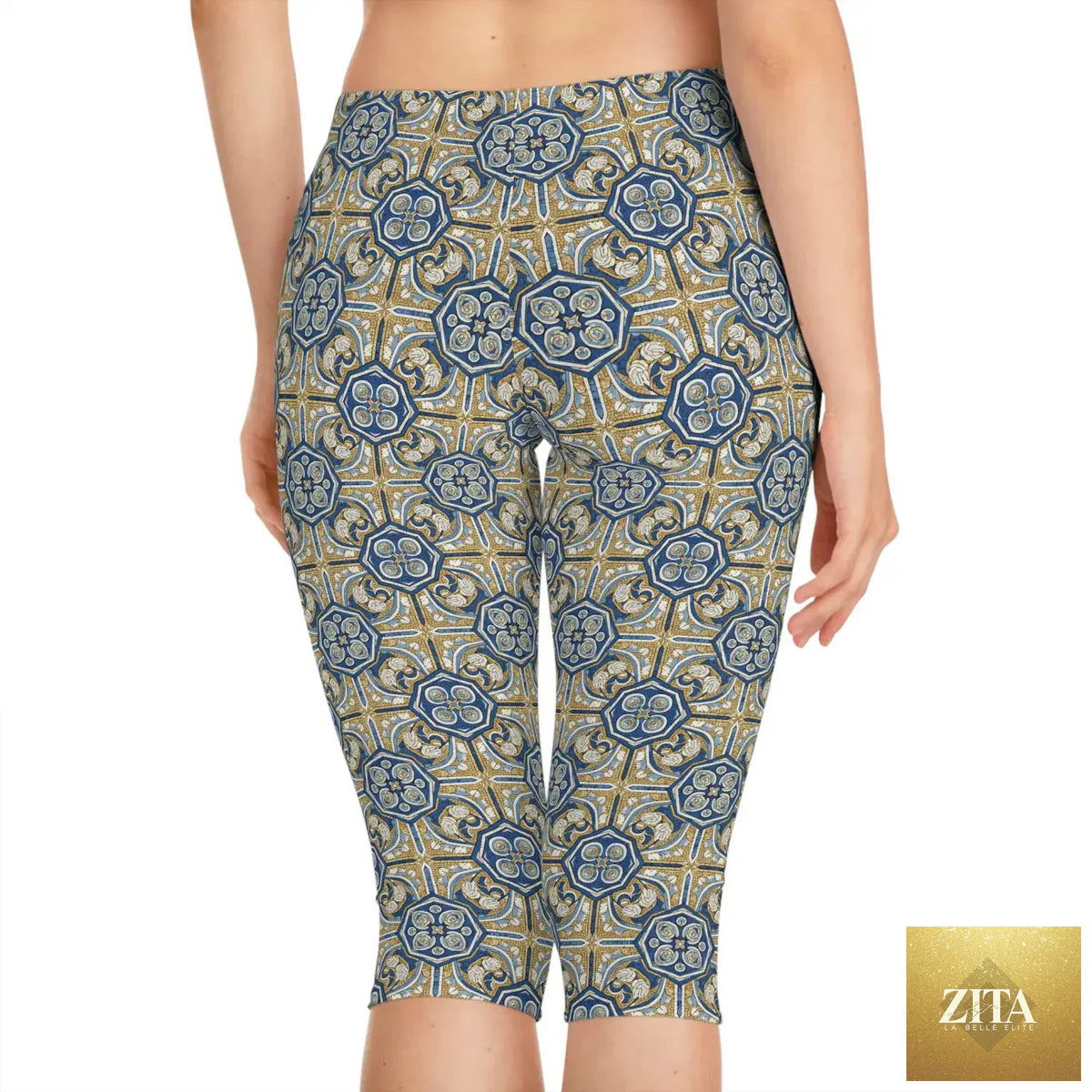 Blue and gold Moroccan tile patterned Capri leggings by DipaliZ, designed for yoga and activewear, featuring vibrant, stylish print.
