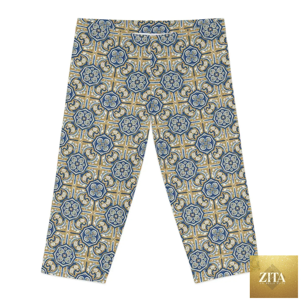 Blue and gold Moroccan tile pattern Capri leggings by DipaliZ, stylish women's yoga activewear with vibrant design.