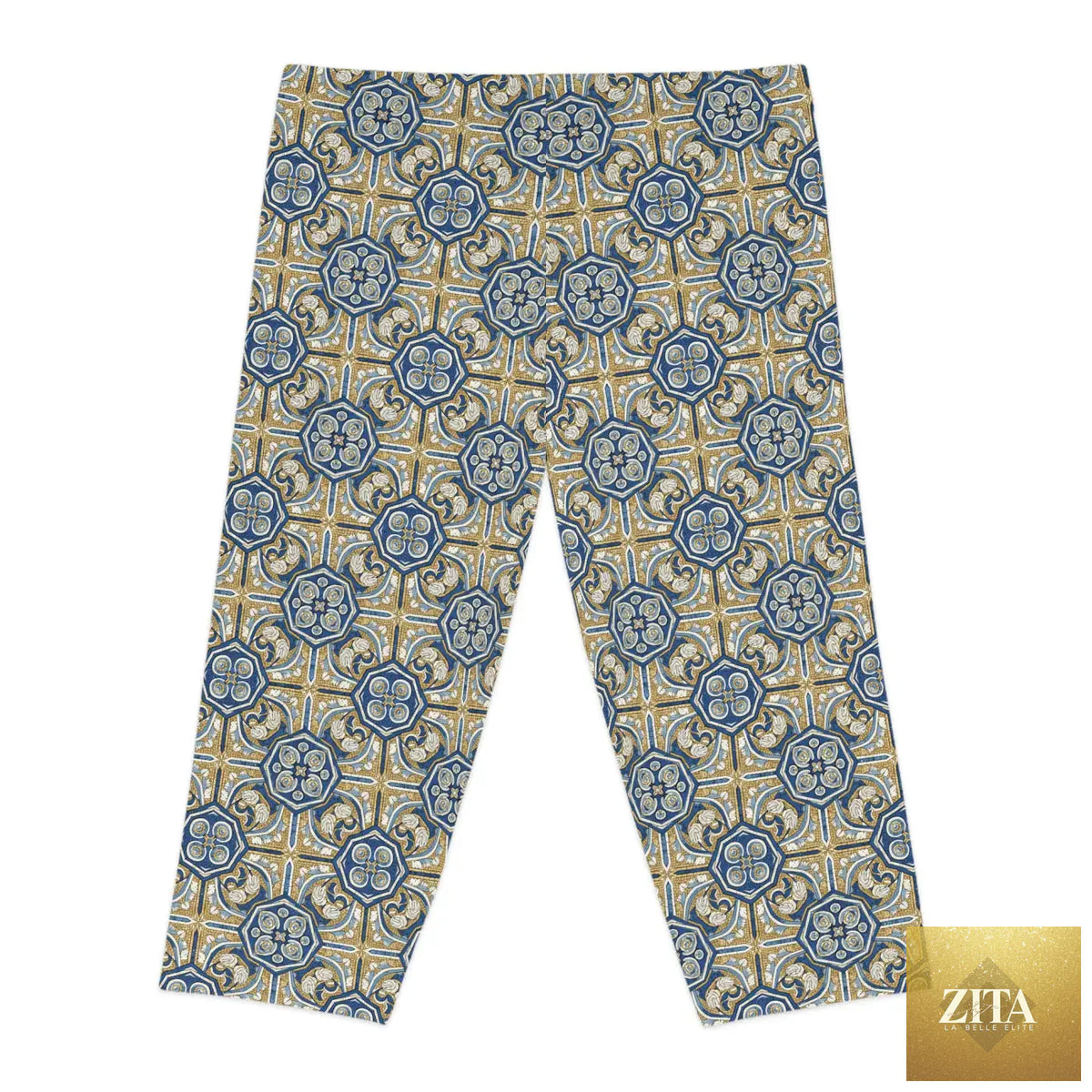 Blue and gold Moroccan tile pattern Capri leggings by DipaliZ, stylish women's yoga activewear with intricate geometric design.