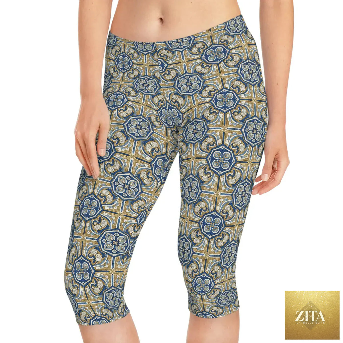 Blue and gold Moroccan tile patterned Capri leggings by DipaliZ, designed for yoga and activewear, with a stylish and comfortable fit.