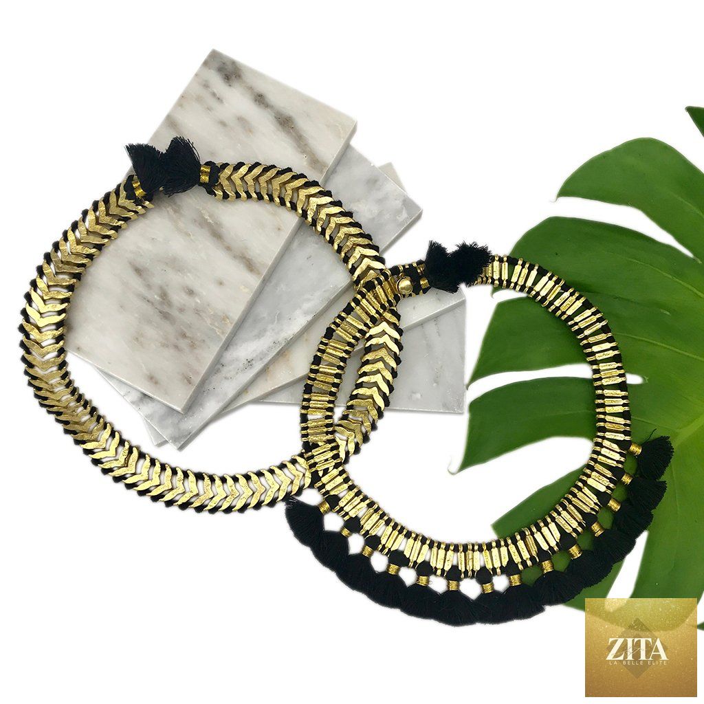 Boho tribal temple collar bib necklace with cotton tassels and zinc alloy accents, statement jewelry by BandsCo Straps.