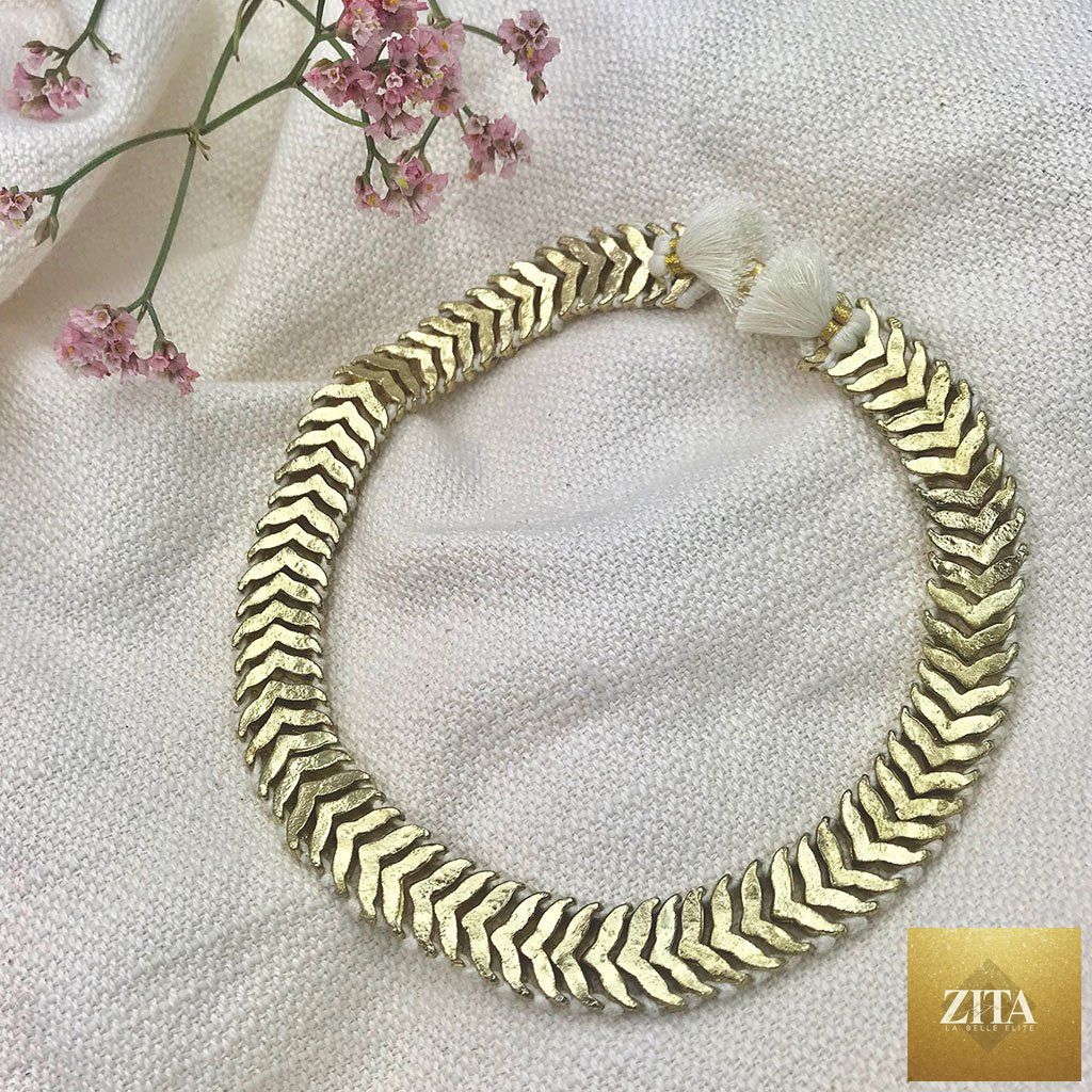 Boho tribal temple collar bib necklace with cotton tassels and zinc alloy accents, statement jewelry piece by BandsCo Straps.