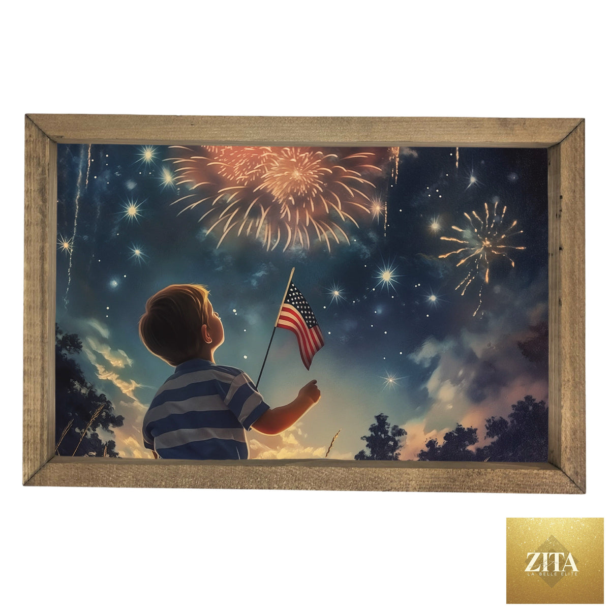 Framed art of a boy watching fireworks, by Zita La Belle Elite, showcasing vibrant colors and a joyful outdoor scene.