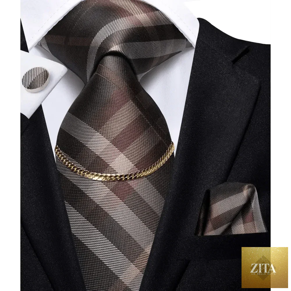 Elegant black silk necktie chain with matching square handkerchief and cufflinks, perfect for formal business and wedding attire.