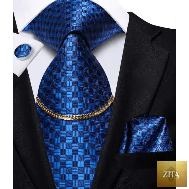 Elegant black silk necktie chain with matching square handkerchief and cufflinks for men's formal and wedding attire by Stevvex.