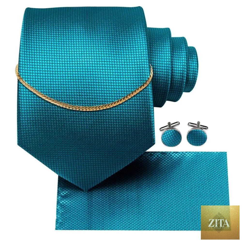 Elegant black silk necktie chain with matching square handkerchief and cufflinks, perfect for formal business and wedding attire.