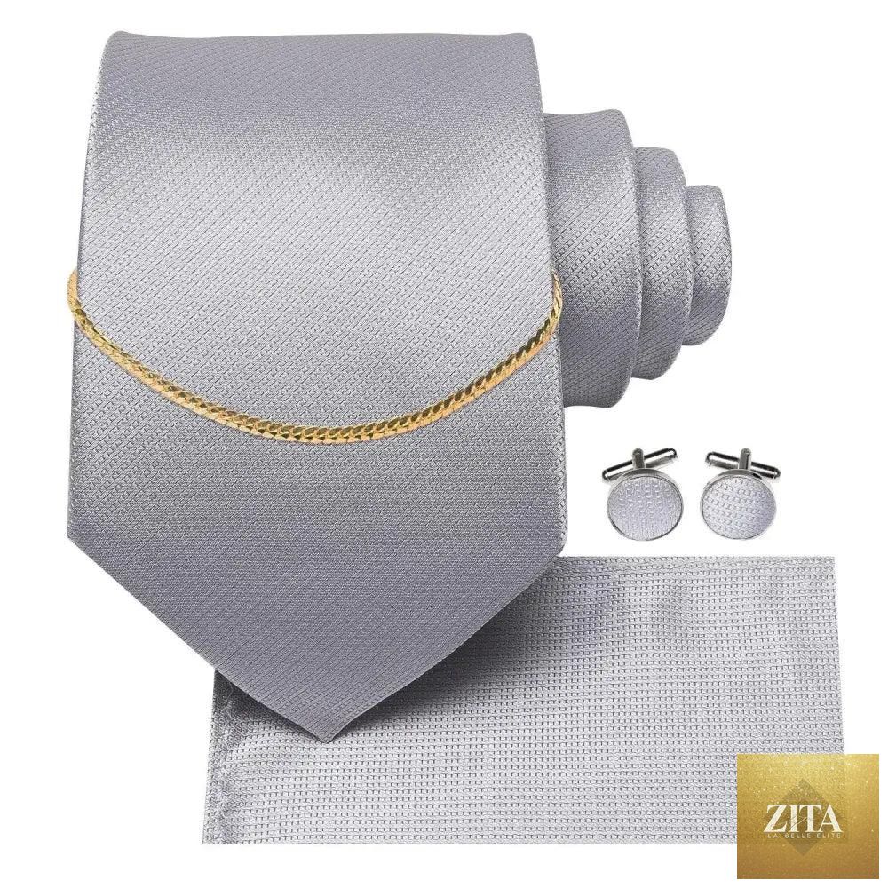 Elegant black silk necktie chain with matching square handkerchief and cufflinks, perfect for formal business or wedding attire.