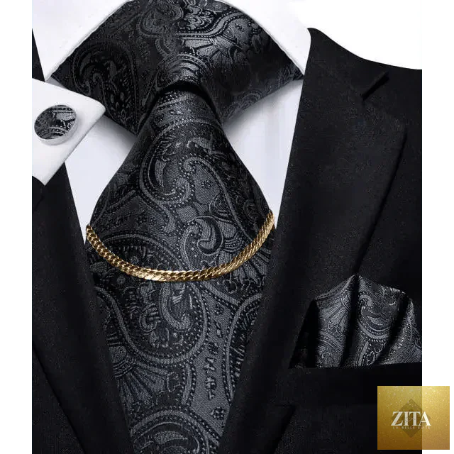 Elegant black silk necktie chain with classic tie square handkerchief and cufflinks, suitable for formal business and wedding attire.
