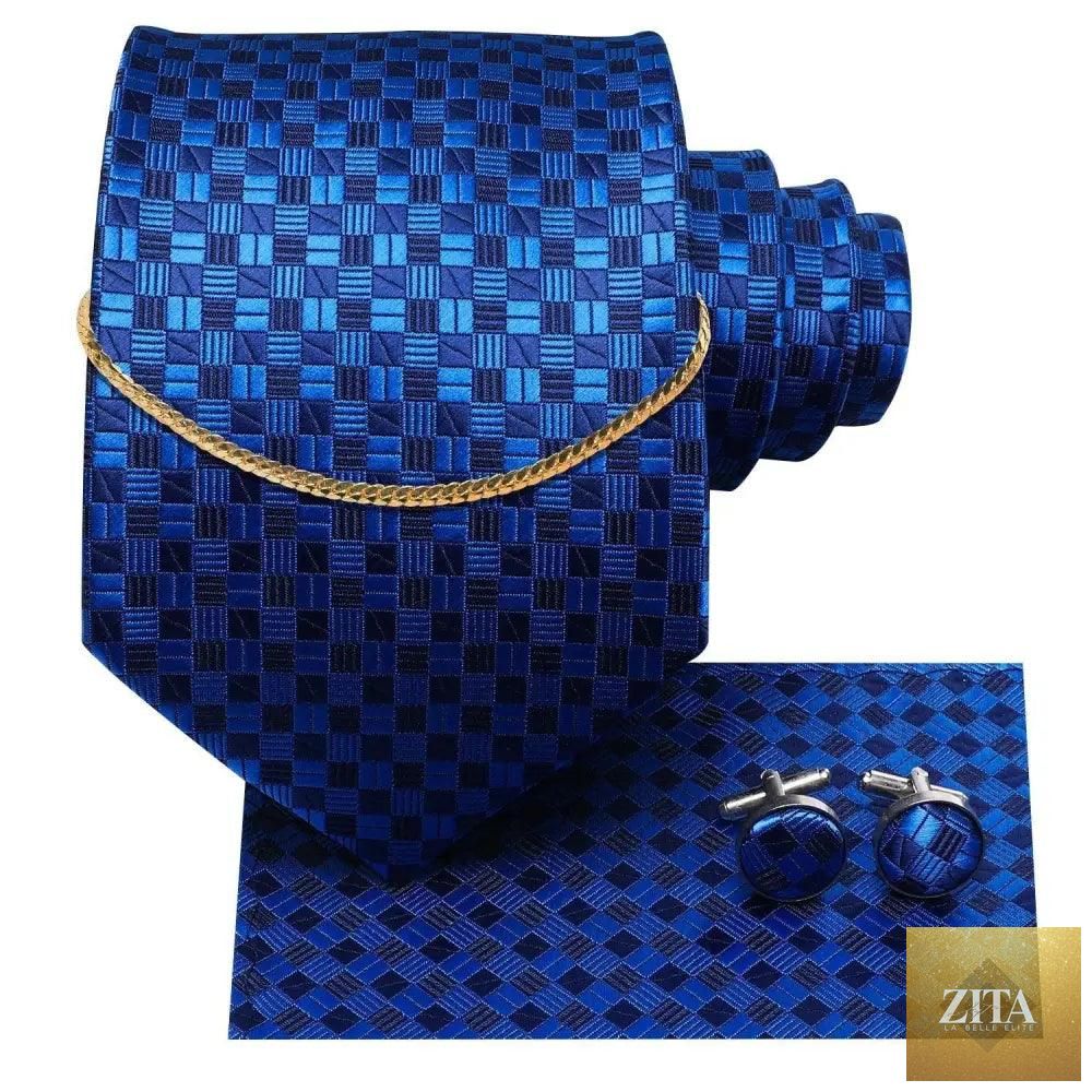 Elegant black silk necktie chain with matching square handkerchief and cufflinks for men's formal and wedding attire.