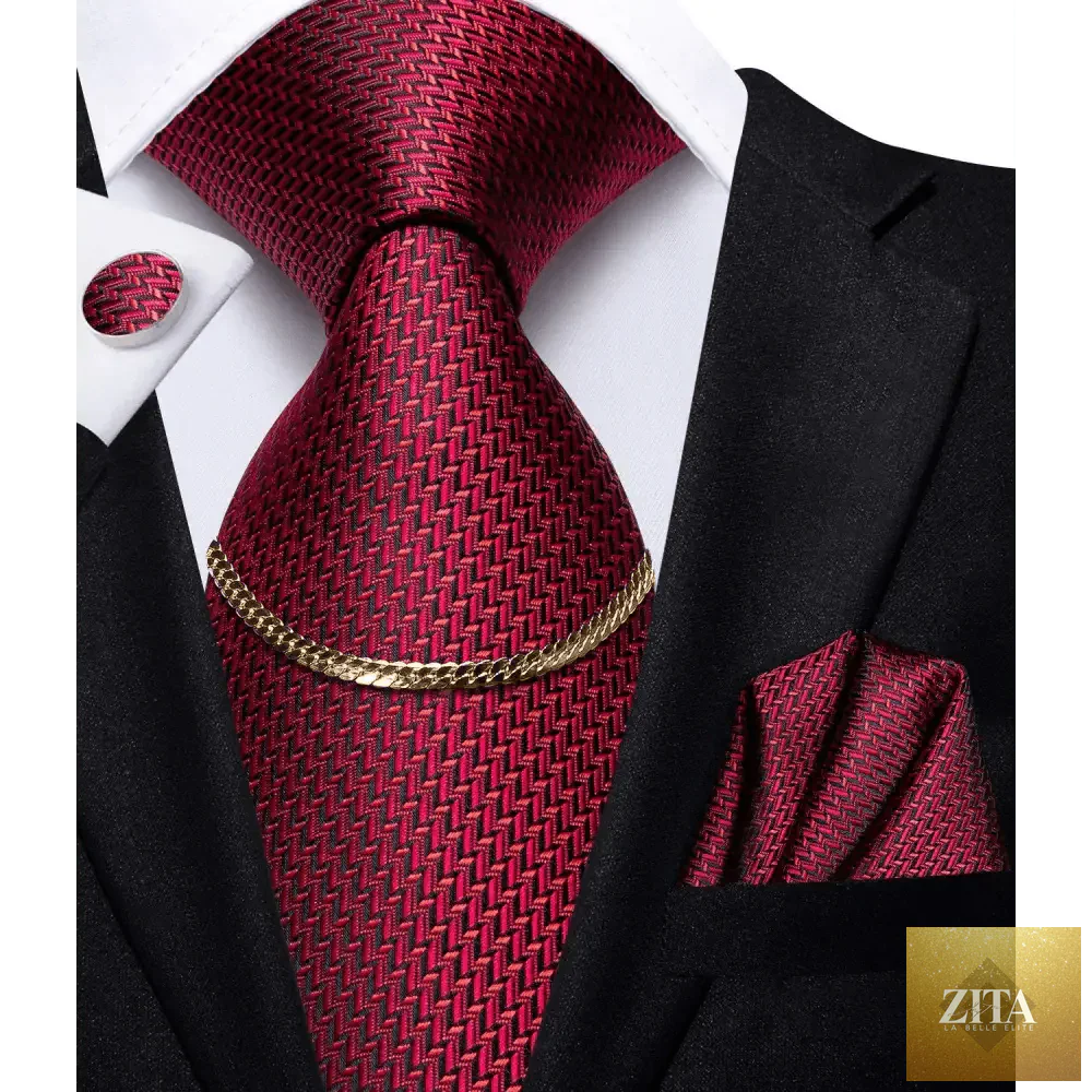 Elegant black silk necktie chain with matching tie square and handkerchief for men's formal wedding or business attire.