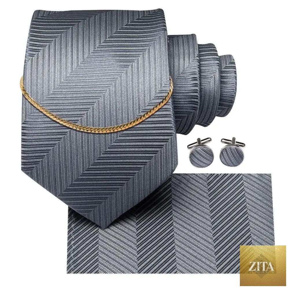 Elegant Stevvex black silk necktie chain, classic tie square, and handkerchief set for men's formal and wedding attire.