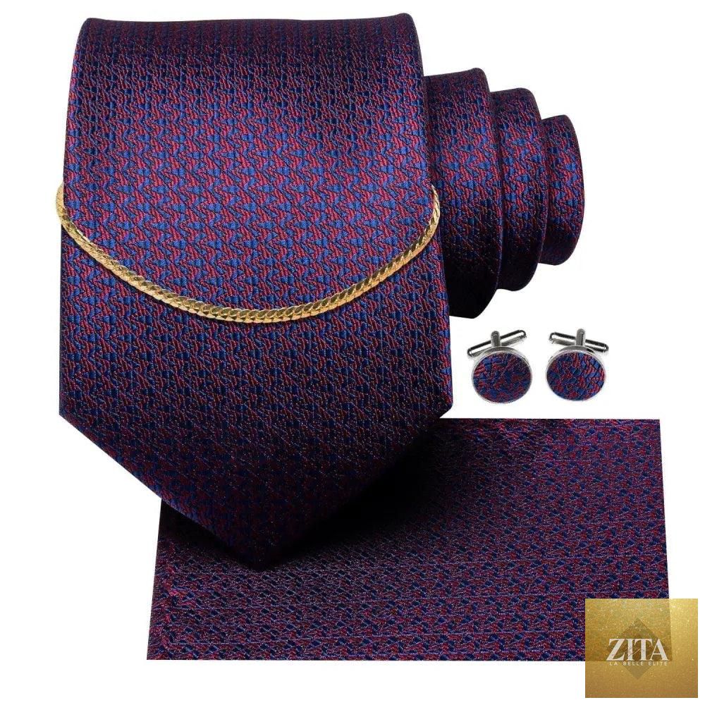 Elegant black silk necktie chain with matching square handkerchief and cufflinks, perfect for formal business and wedding attire.