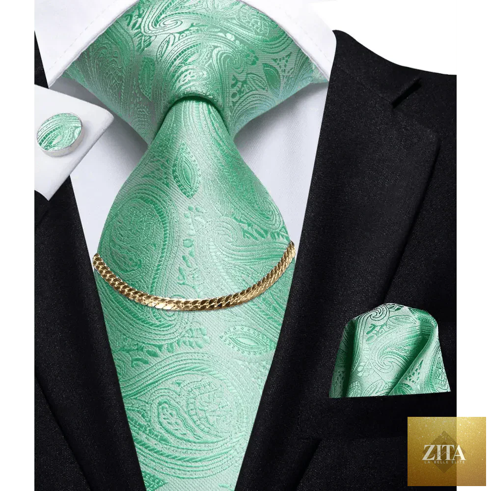 Elegant black silk necktie chain with matching square handkerchief and cufflinks, perfect for formal business or wedding attire.