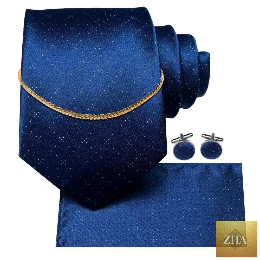 Elegant black silk necktie chain with matching square handkerchief and cufflinks, ideal for formal business and wedding attire.
