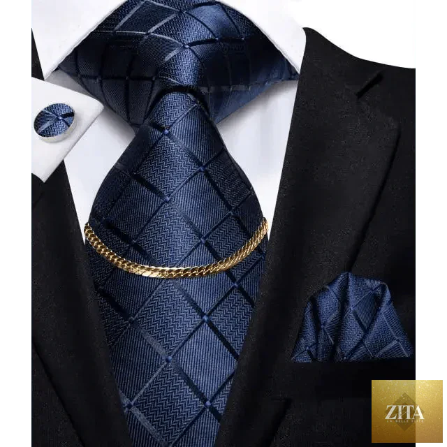 Elegant black silk necktie chain with matching tie square and handkerchief, perfect for formal business and wedding attire for men.
