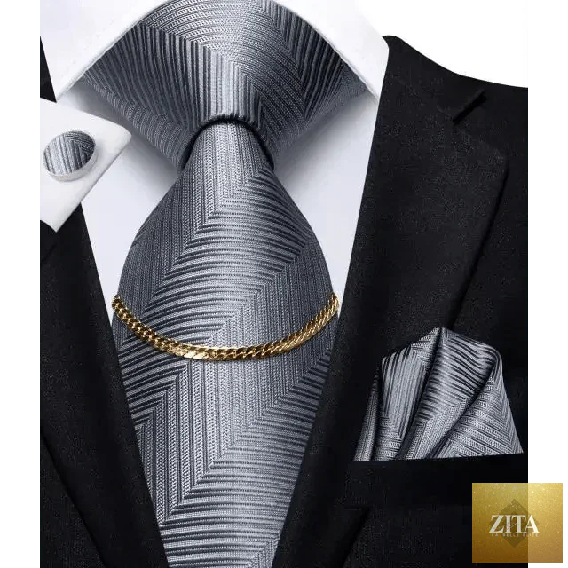 Elegant Stevvex black silk necktie chain with matching square handkerchief for formal business and wedding attire for men.