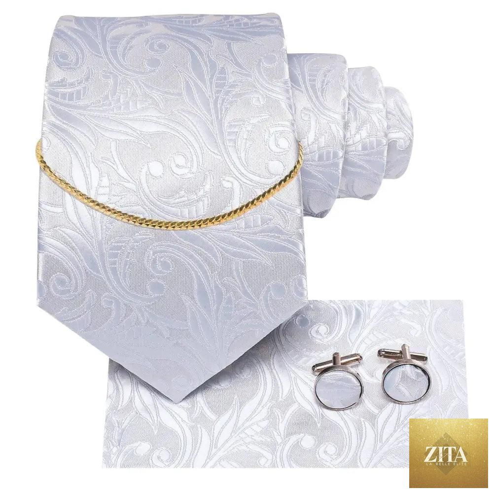 Elegant black silk necktie chain with a matching square handkerchief and cufflinks, perfect for formal business and wedding attire.
