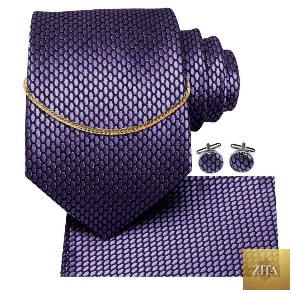 Elegant black silk necktie chain with classic tie square and handkerchief, suitable for formal weddings and men's business attire.