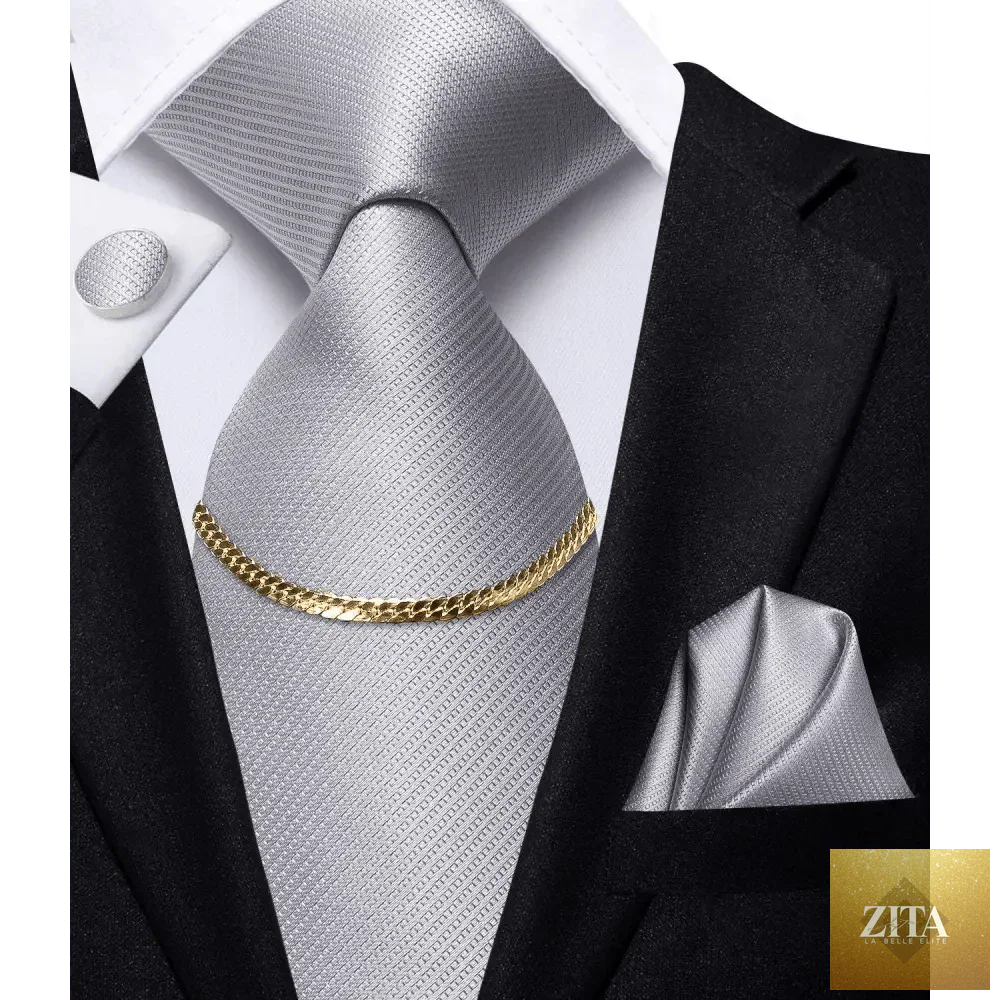 Stevvex black silk necktie chain with classic tie square handkerchief and elegant cufflinks for men's formal and wedding attire