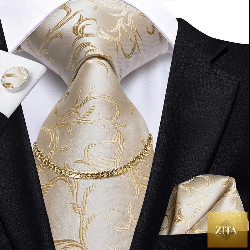 Elegant black silk business necktie with chain, matching square handkerchief, and cufflinks for men's formal and wedding attire.