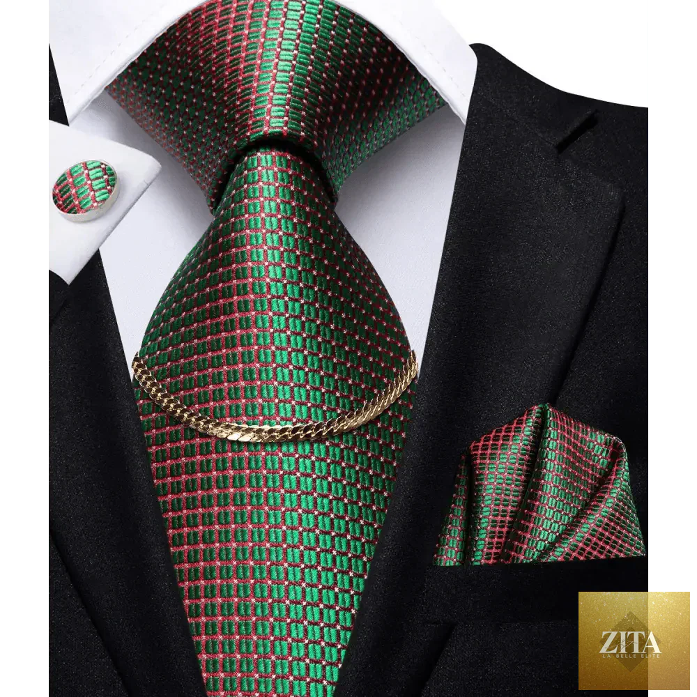 Elegant black silk necktie chain with classic tie, square handkerchief, and cufflinks for men's formal business or wedding attire.