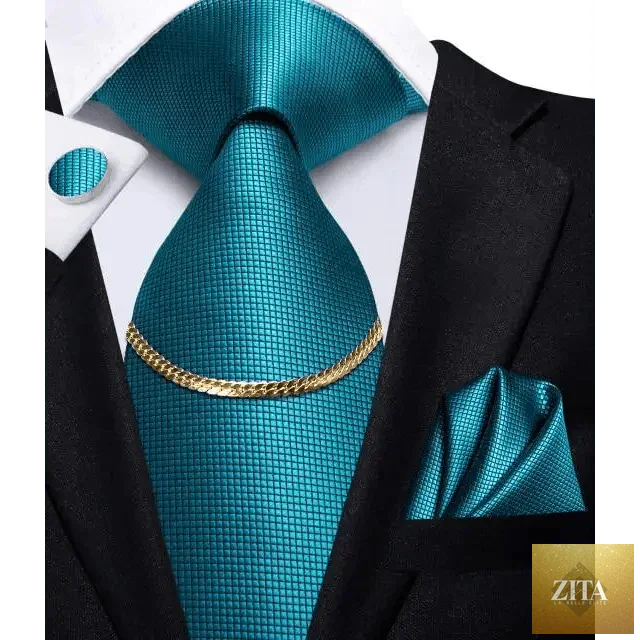 Elegant black silk necktie chain with classic tie, square handkerchief, and cufflinks, suitable for formal wedding or business attire.