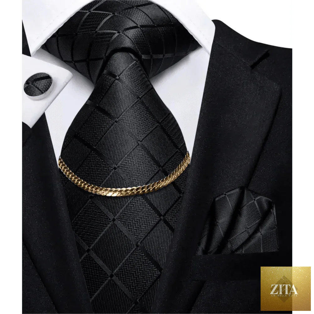 Elegant black silk necktie chain with classic tie square and handkerchief, suitable for formal wedding and business wear for men.