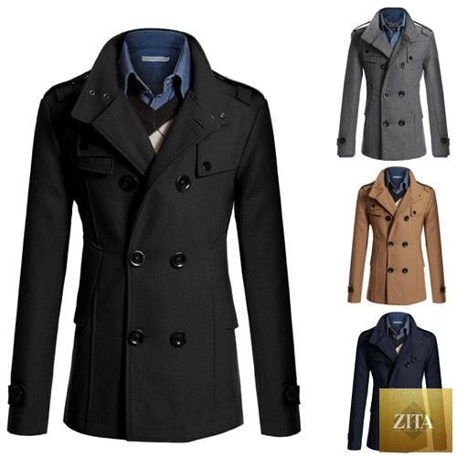 Black men's business classic jacket by Stevvex, featuring long sleeves, lightweight fabric, and a vintage trench coat style.