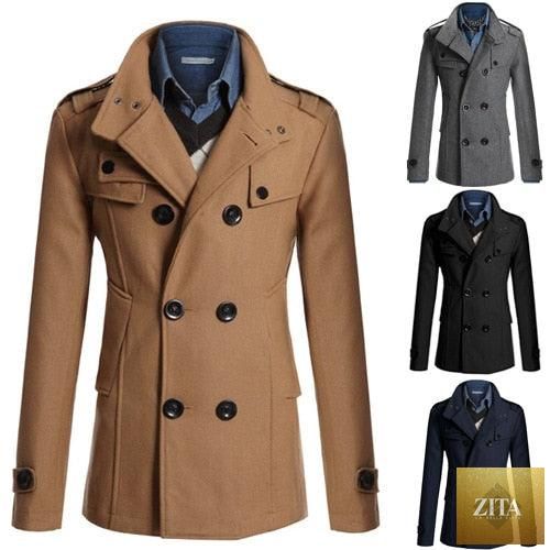 Black Stevvex men's business classic jacket with long sleeves, lightweight trench coat style, suitable for winter and outdoor wear.