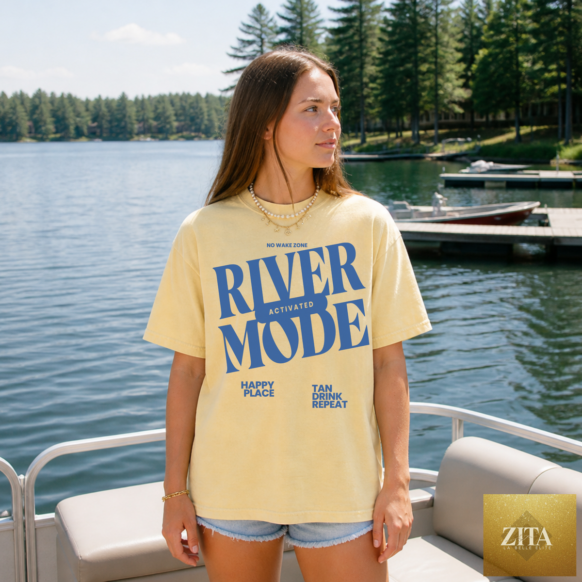 Hey Jude Graphic Tees River Mode Activated T-shirt with river graphic and casual style, front view.