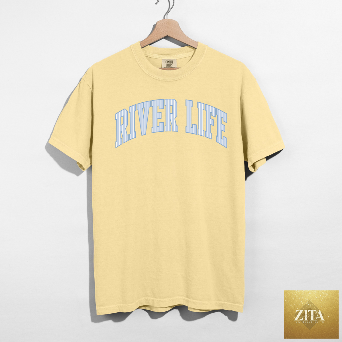 Hey Jude Graphic Tees River Life Butter Yellow T-Shirt with a river-themed graphic design, casual and vibrant graphic tee.