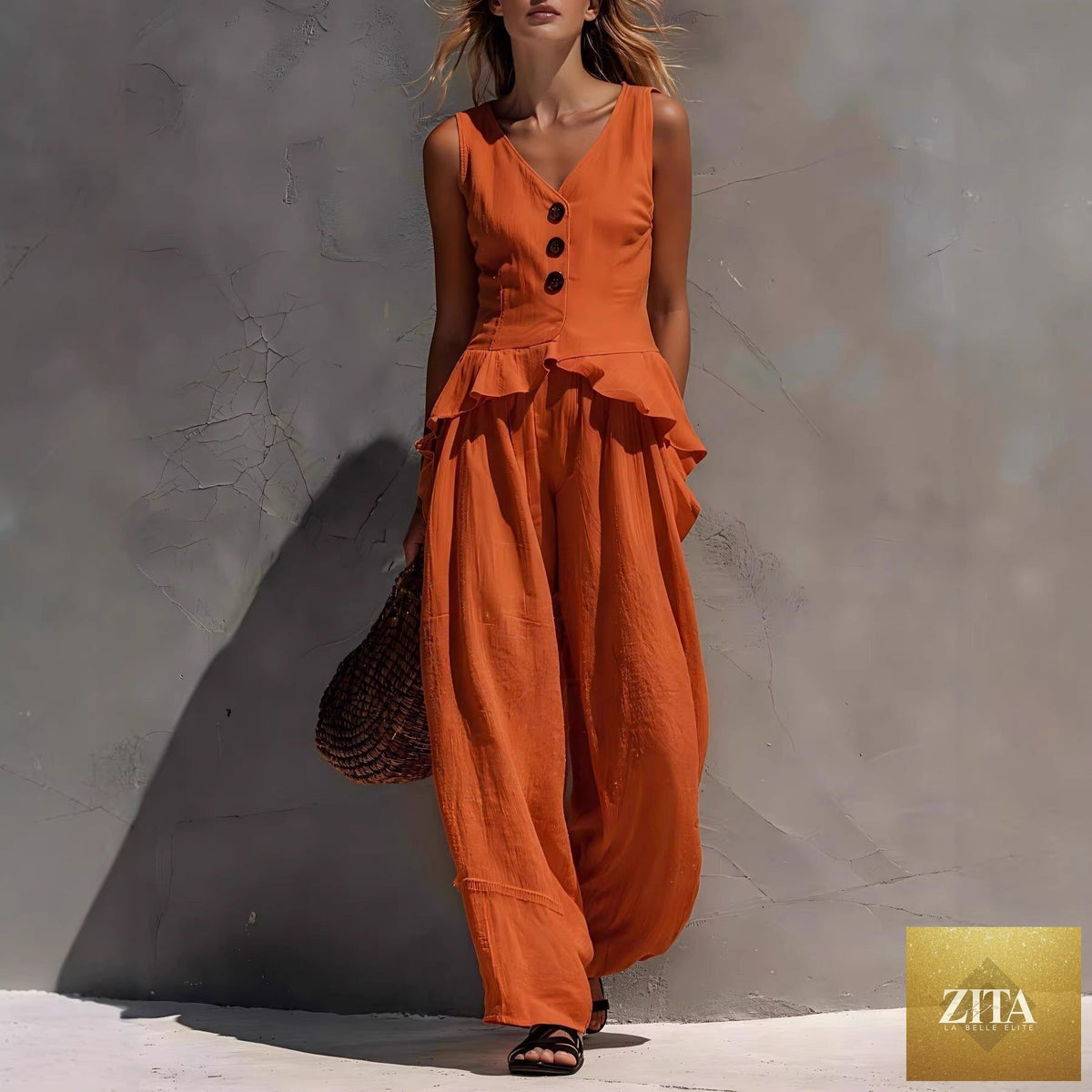 Zita La Belle Elite casualwear set with ruffled tank top and draping wide-leg pants in multiple colors, size S–3XL.