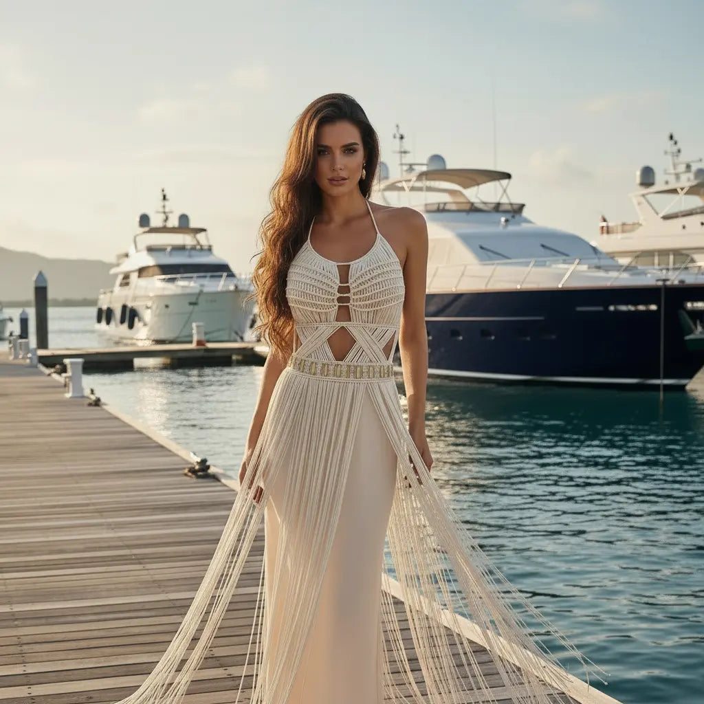 Boho Artemis Dress by ALTYSAN COUTURE featuring flowing fabric and elegant design, perfect for beach parties, resorts, and festivals.