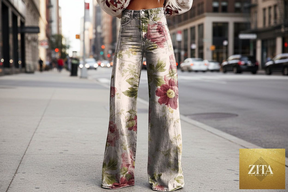 Women's printed flare pants by Zita La Belle Elite, full-length casualwear with mid-waist fit, plus size, stylish and comfortable.