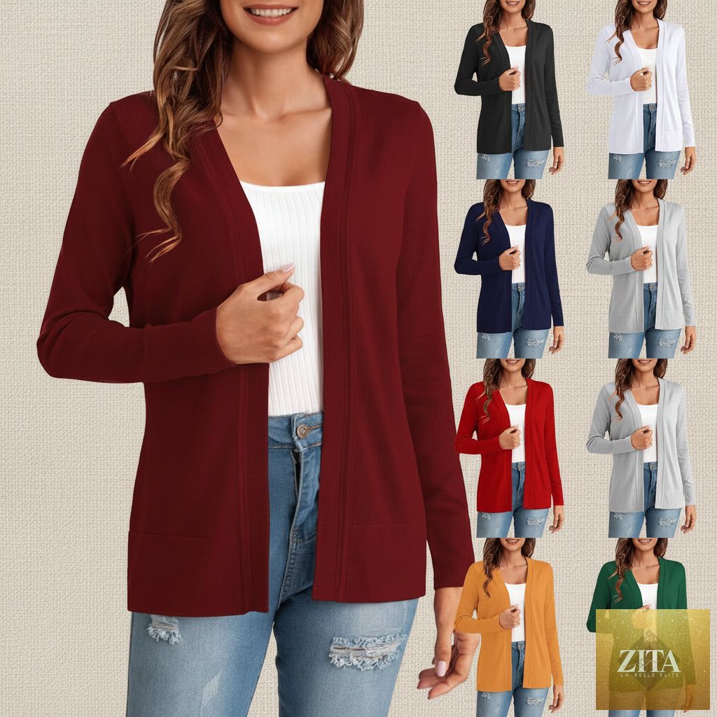 Women's knitted loose cardigan coat by FitiqueFit in four colors, featuring a cozy, relaxed fit and stylish design.