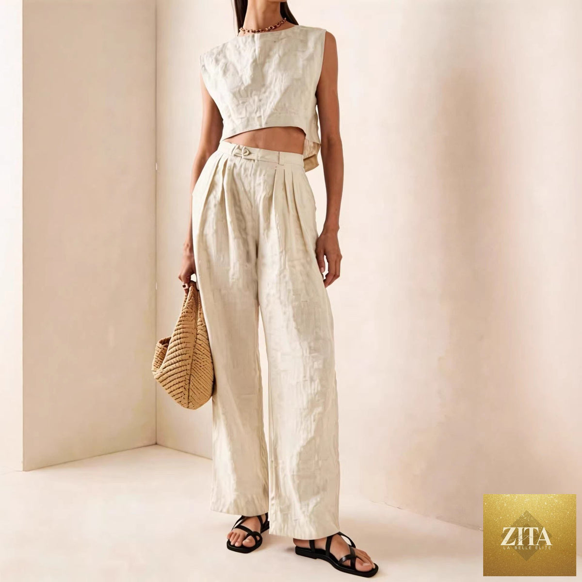 Women’s Zita La Belle Elite casual two-piece set with breathable crew-neck T-shirt and matching pants, laid flat.