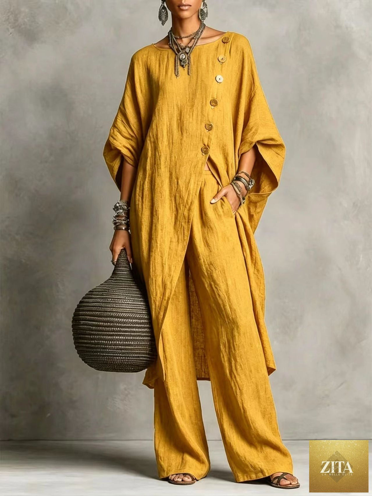 Zita La Belle Elite women's casual drop shoulder three-quarter sleeve shirt and pants set, featuring an irregular design.