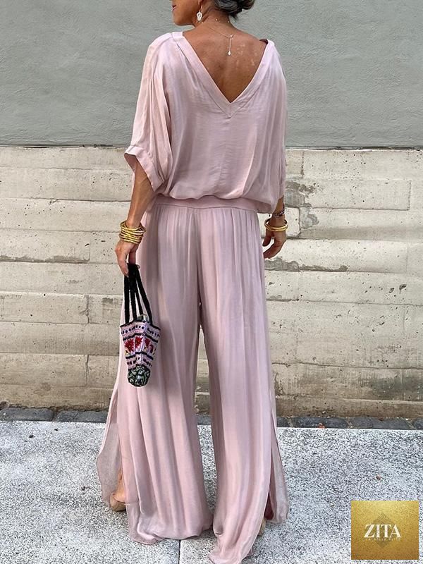 Zita La Belle Elite solid-color chiffon two-piece casualwear set with long sleeves and matching pants in various colors, size S to 5XL.