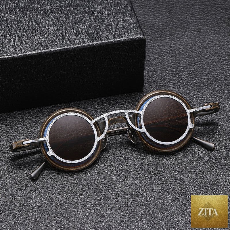 Pure Titanium small round sunglasses from FitiqueFit with retro luxury style, featuring sleek round frames and tinted lenses.