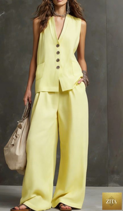 Women's linen sleeveless vest and wide-leg pants two-piece set by Zita La Belle Elite, featuring a relaxed, stylish summer outfit.