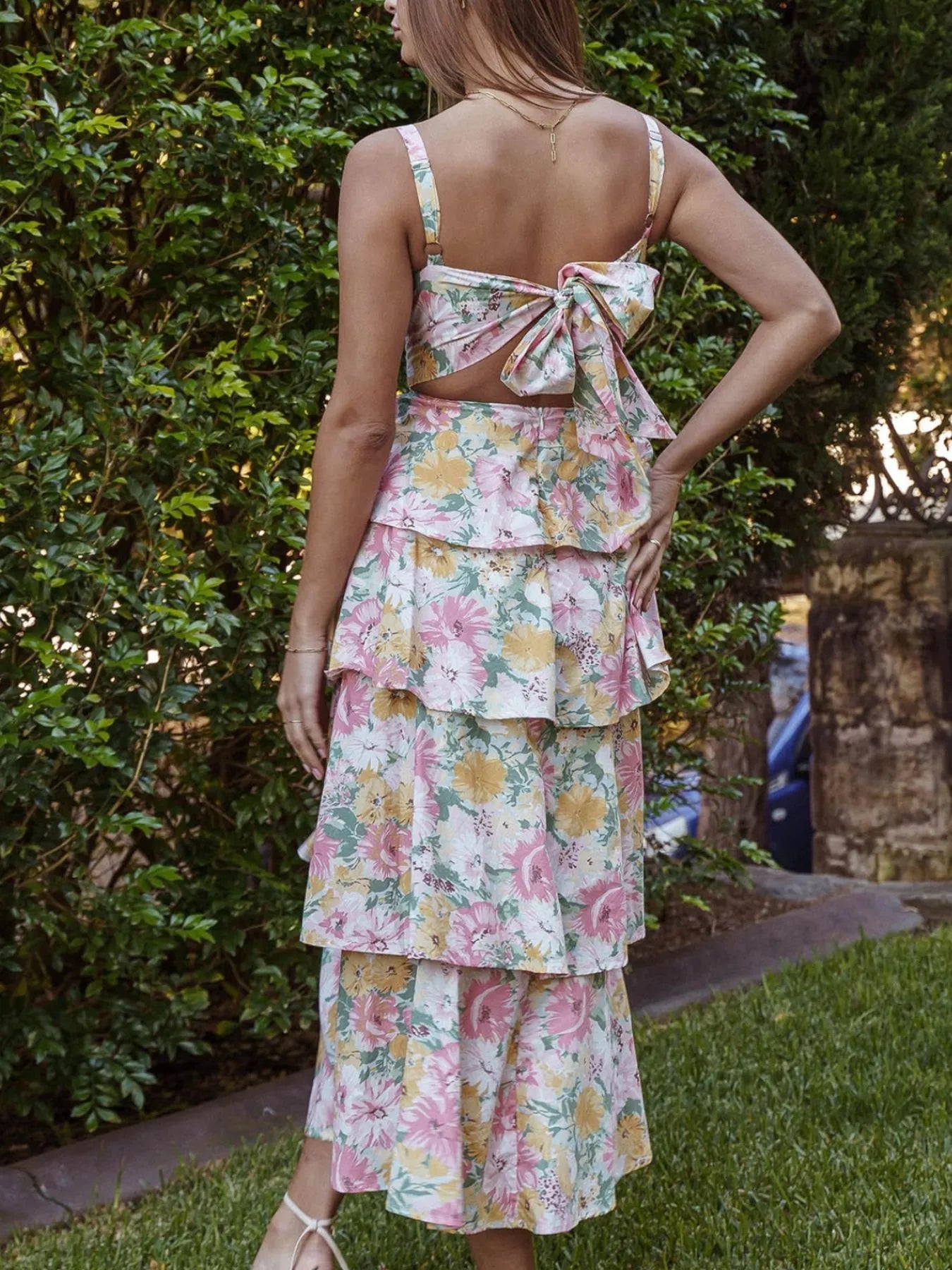 Floral layered ruffle maxi dress from Shopiebay with a flowing skirt and tiered ruffle details, perfect for summer occasions.