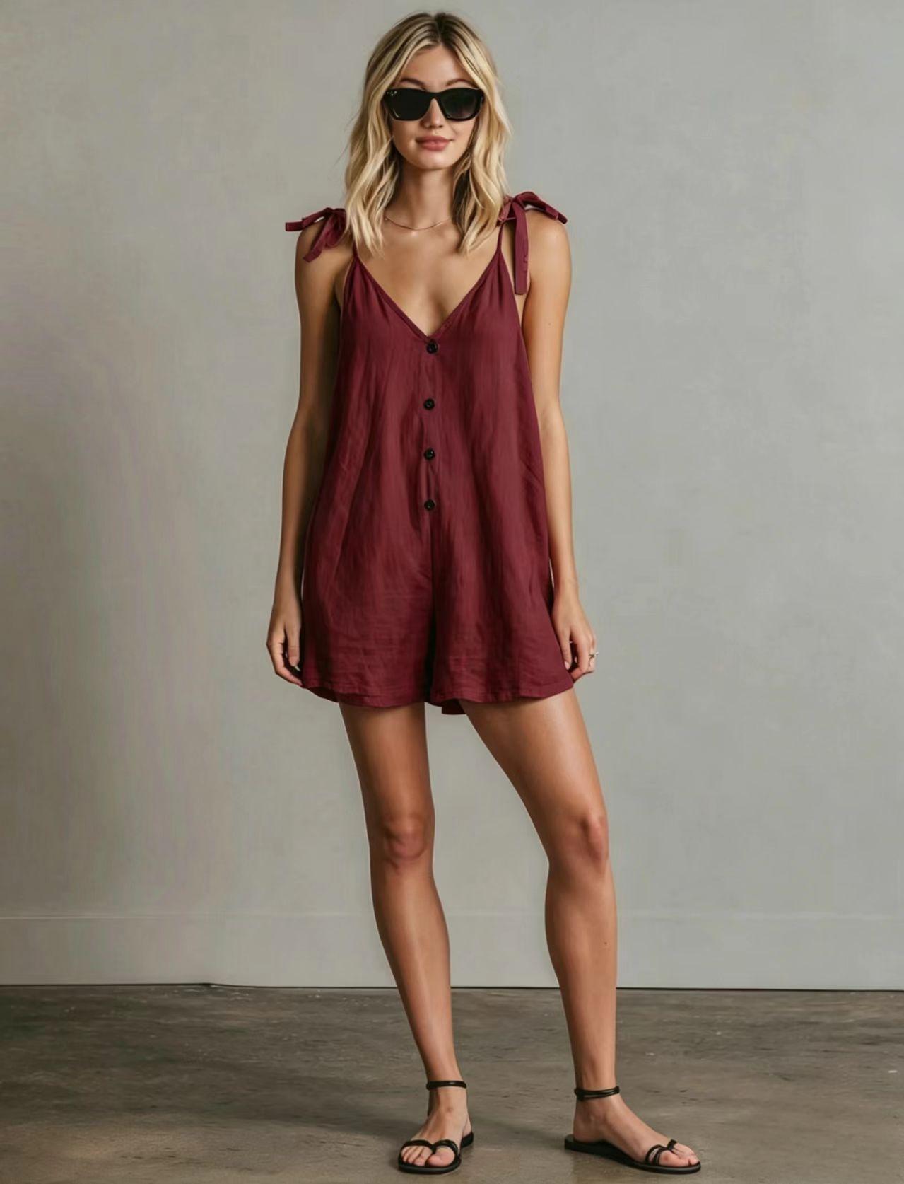 Women's casual FitiqueFit V-neck sleeveless jumpsuit with cardigan straps, cropped straight-leg design and relaxed fit.