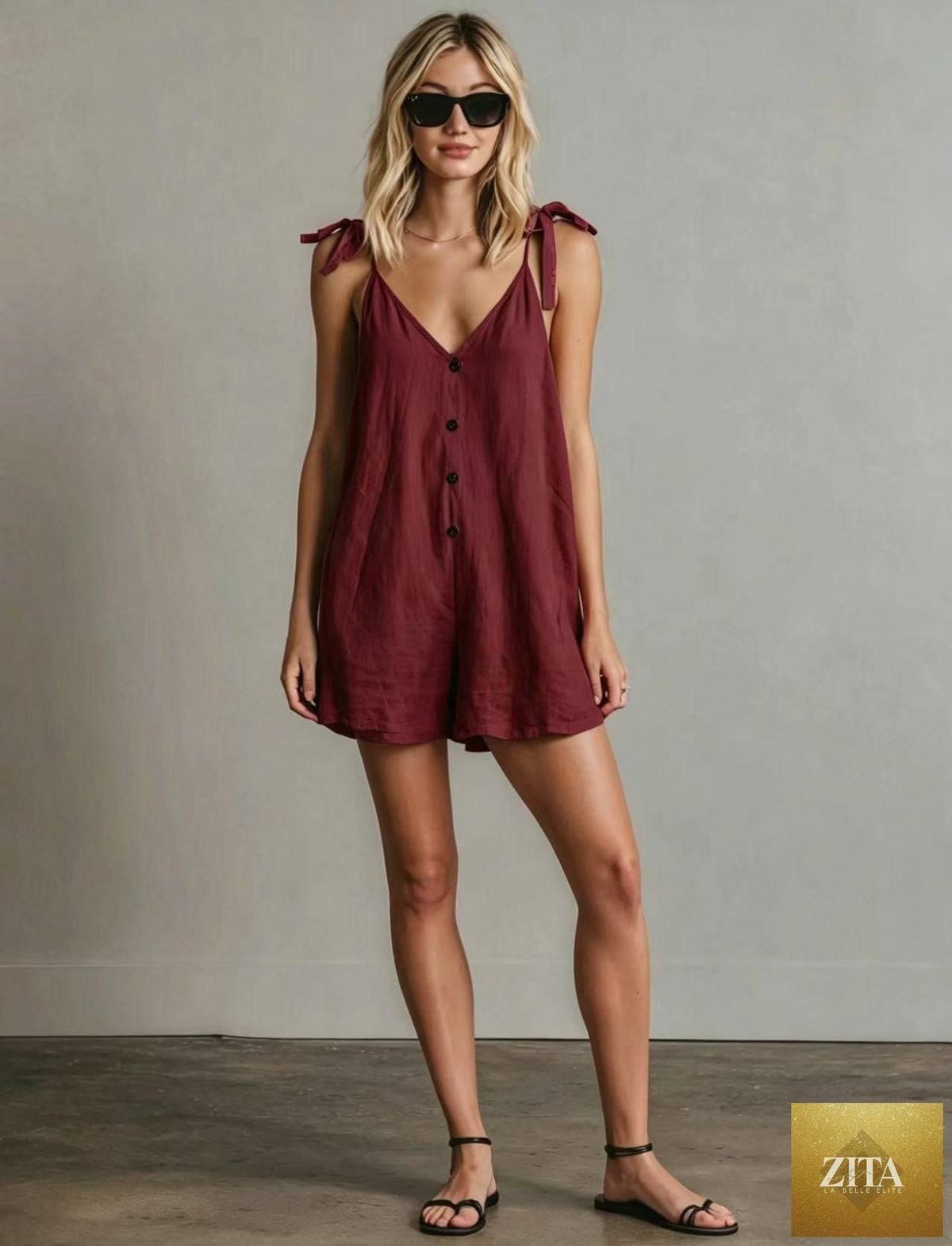 Women's sleeveless V-neck jumpsuit with cardigan straps, cropped straight-leg style by Zita La Belle Elite casualwear.
