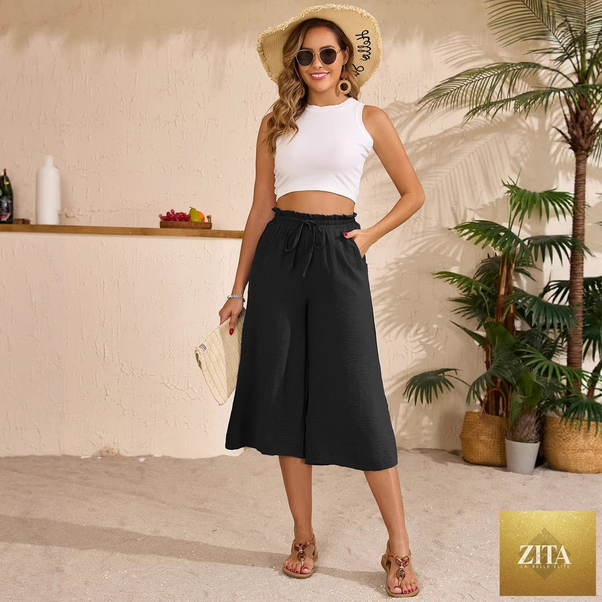 Women’s elastic cropped wide-leg pants by Zita La Belle Elite, casualwear with a relaxed fit and stylish wide-leg design.