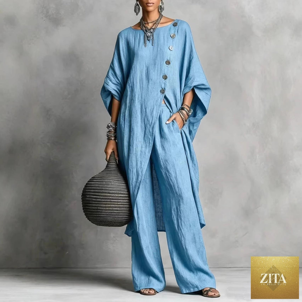 Women's casual Zita La Belle Elite drop shoulder three-quarter sleeve irregular shirt and matching pants set, stylish and comfortable.