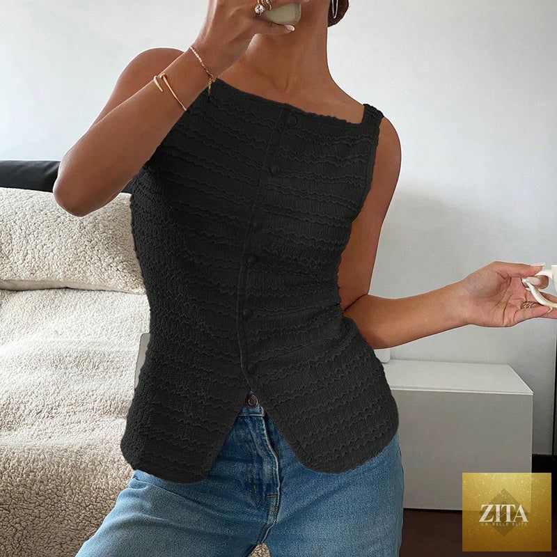 Zita La Belle Elite square neck Y2K vest top with button-up front, casual sleeveless tank top for trendy going-out style.