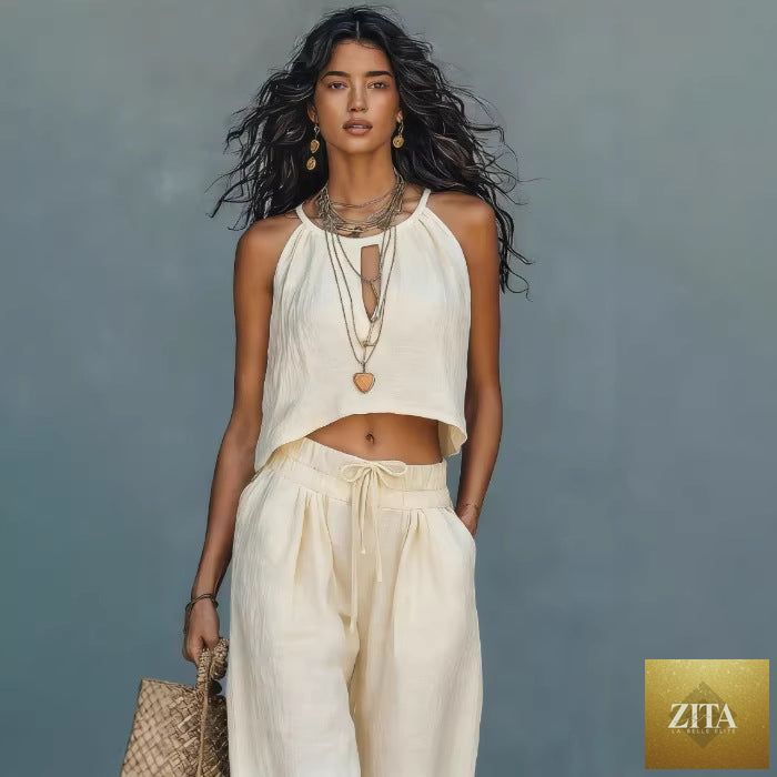 Women's linen blend sleeveless tank top and wide-leg pants set by FitiqueFit, perfect for casual summer wear.