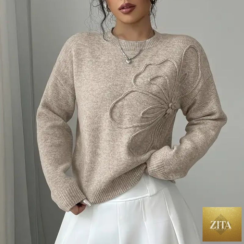 Women's elegant floral crew neck sweater by Zita La Belle Elite featuring long sleeves and casual, stylish design.